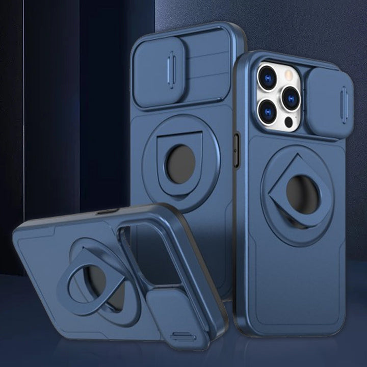Handyschutz: Stoßfeste iPhone Hülle mit integriertem Ständer & Magnet, schwarz, robust & sicher.