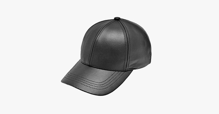 Schwarze Unisex Leder Baseballmütze, verstellbar, für stilvollen Freizeitlook.