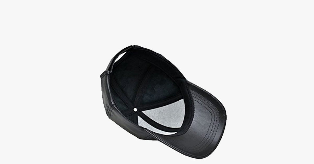 Elegante schwarze Lederkappe, Unisex-Design, verstellbar für optimalen Komfort.
