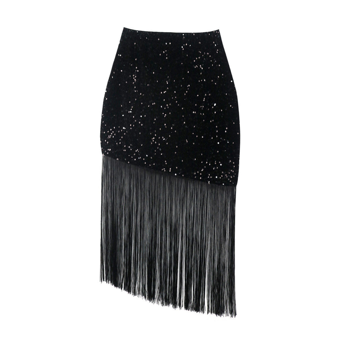 Funkelnder schwarzer Fransenrock für Damen, mit Pailletten verziert, ideal für Disco & Feierlichkeiten.