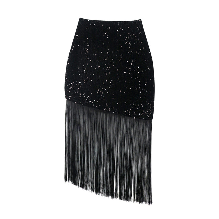 Funkelnder schwarzer Fransenrock für Damen, mit Pailletten verziert, ideal für Disco & Feierlichkeiten.