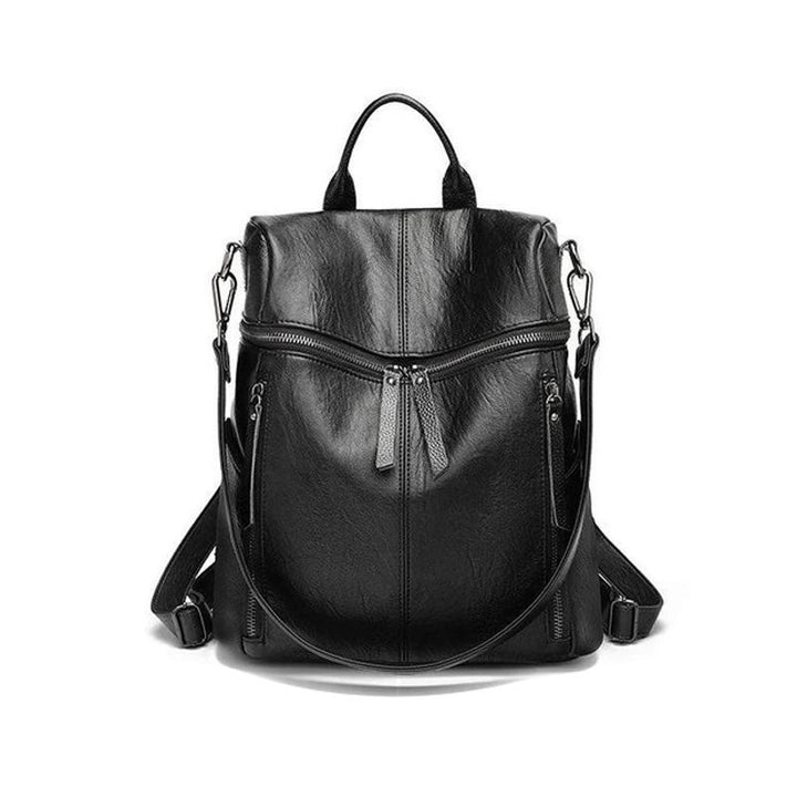 Schwarzer Unisex Lederrucksack mit großem Fassungsvermögen, ideal für Alltag, Schule, Arbeit & Reise.