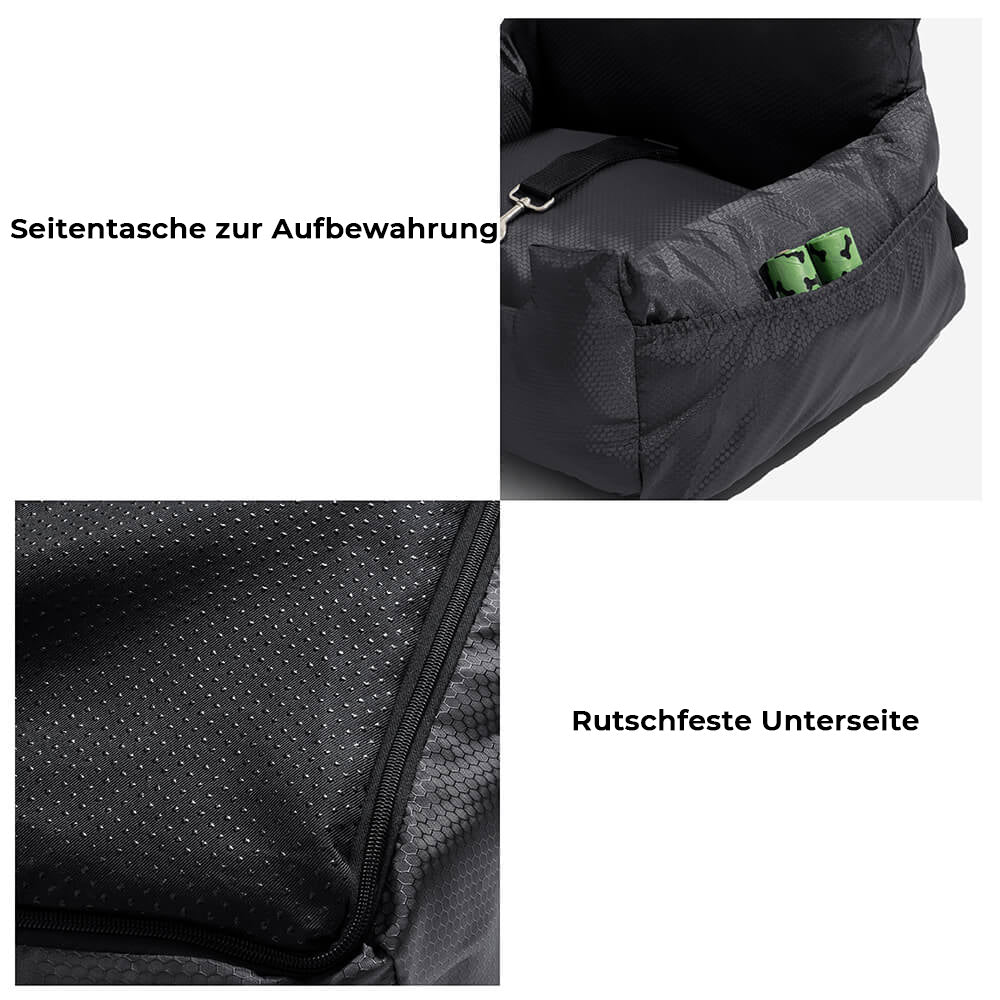 Strapazierfähiger Hundeautositz aus Oxford-Gewebe, schwarzes Reisekissen für sichere Haustiertransporte.