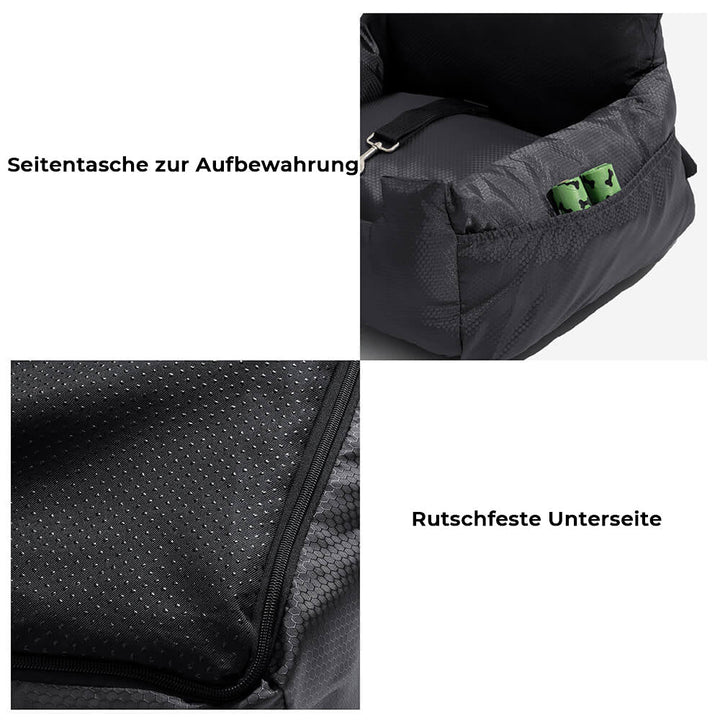 Strapazierfähiger Hundeautositz aus Oxford-Gewebe, schwarzes Reisekissen für sichere Haustiertransporte.