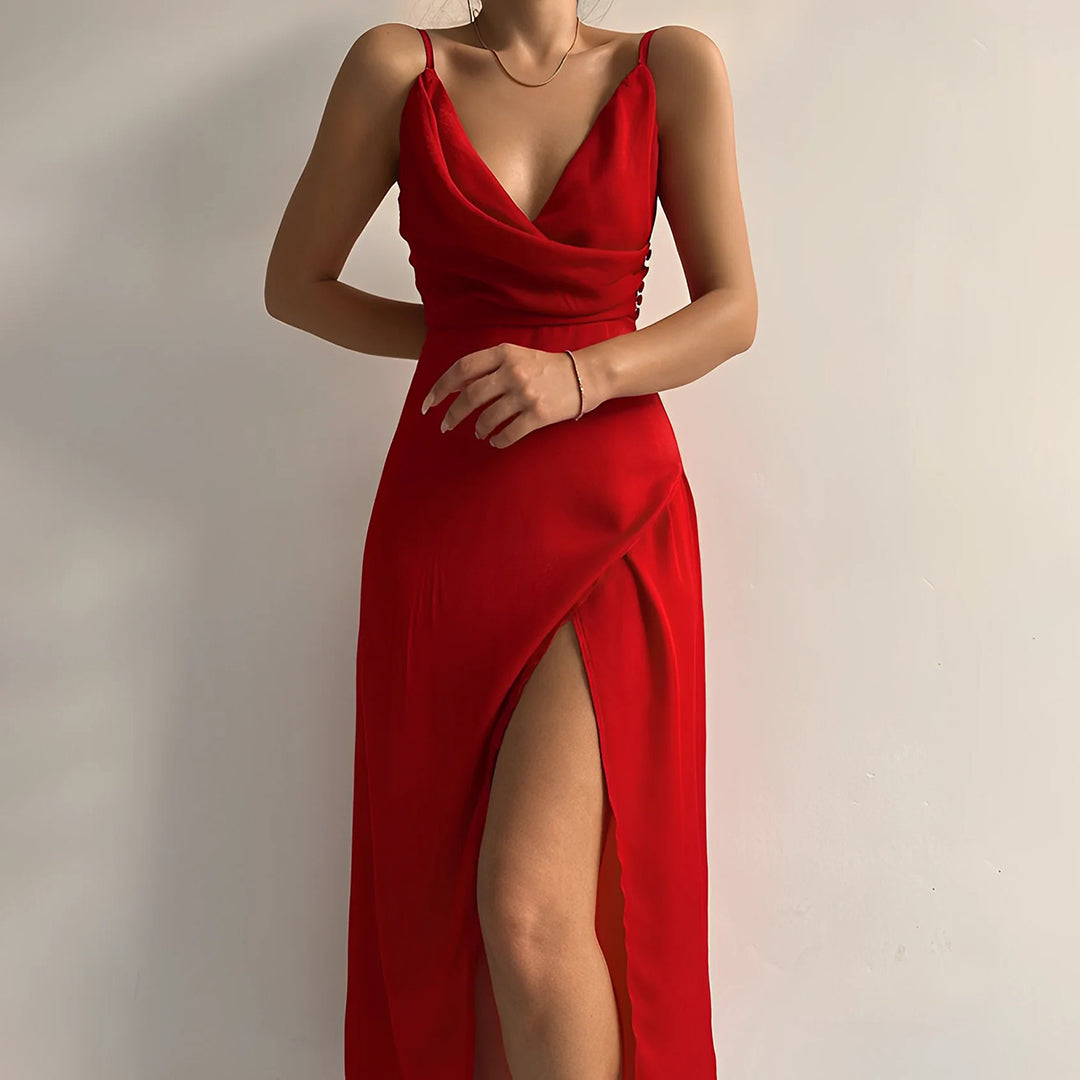 Rotes vielseitiges Damen Midikleid. Ideal als elegantes Sommerkleid oder schickes Cocktailkleid für Frauenmode.