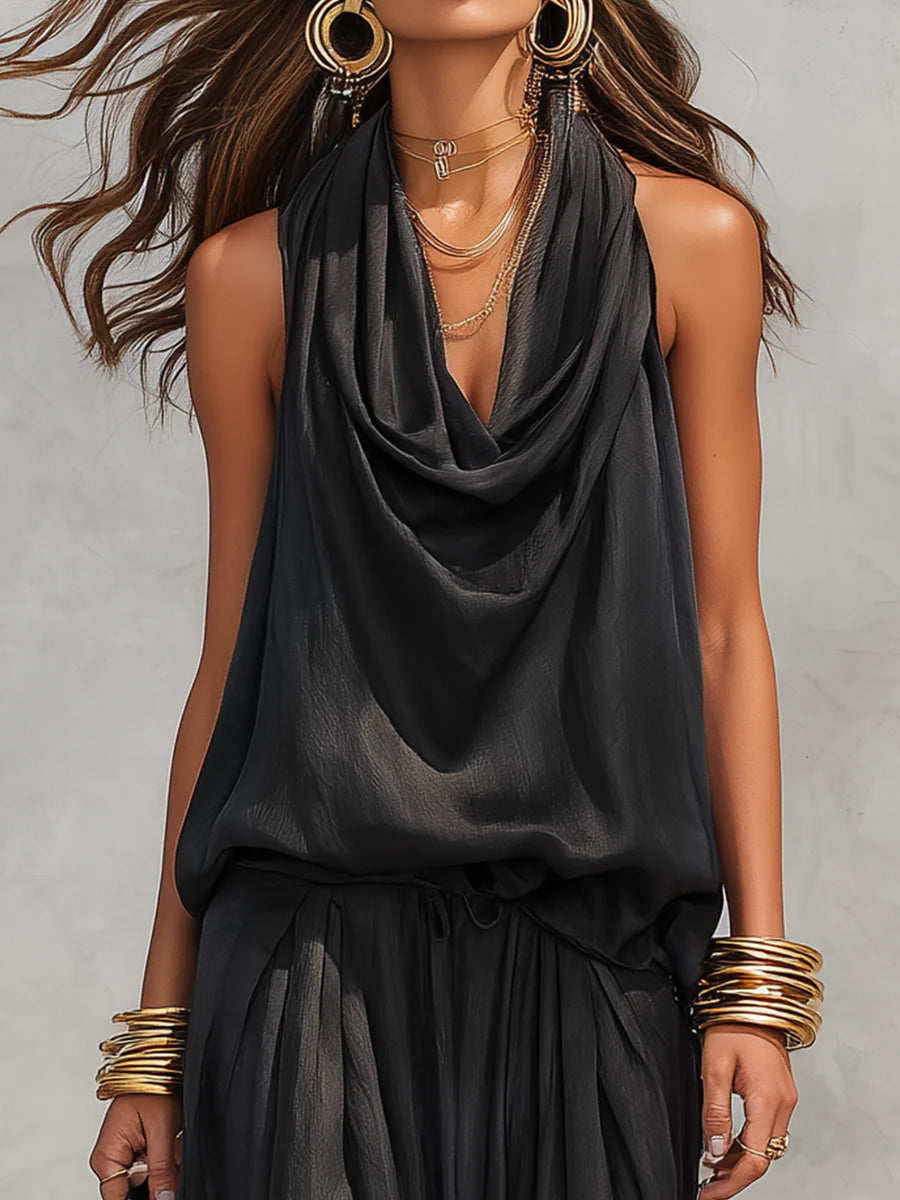 Damen Zweiteiler: Schwarzes elegantes Set mit Neckholder-Top und weiter Hose für Frühling/Sommer. Vielseitiger Look.