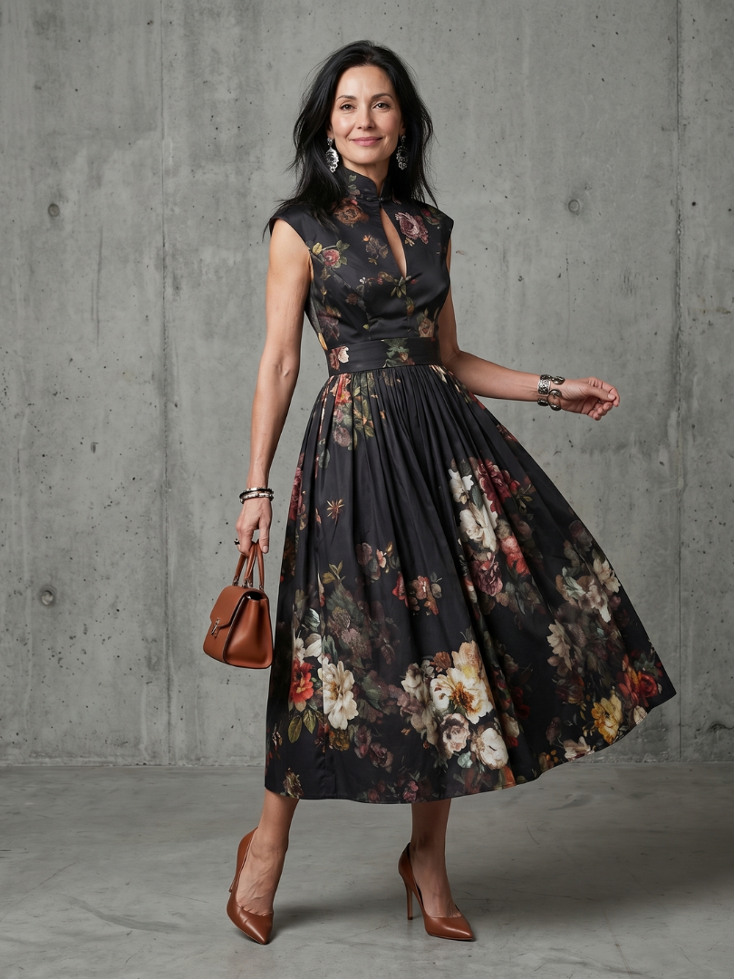 Schwarzes elegantes ärmelloses Damen Midikleid mit Blumenmuster & Schlüsselloch-Ausschnitt für zeitlose Eleganz.