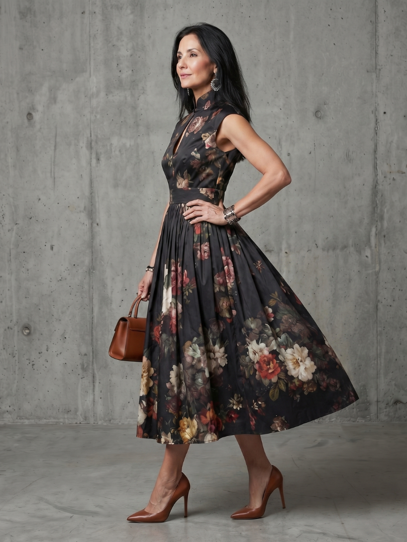 Ärmelloses schwarzes Damen Midikleid mit zartem Blumenmuster und modischem Schlüsselloch-Detail, ideal für Sommer.
