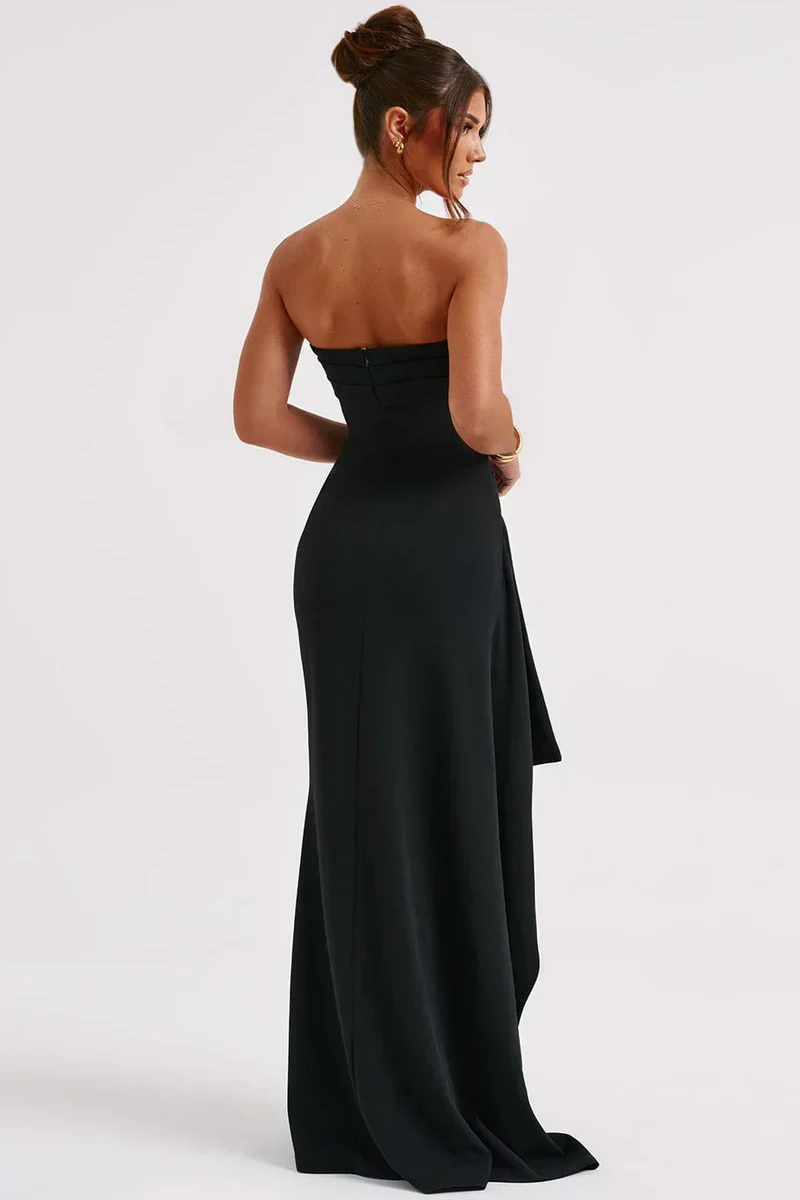 Dunkelblaues, festliches Damen-Abendkleid "Stephanie" trägerlos, mit elegantem hohem Schlitz.