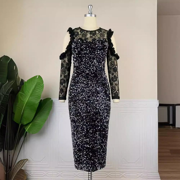 Funkelndes schwarzes Langarm-Partykleid für Damen. Ideal als Festkleid oder Abendkleid für besondere Anlässe.