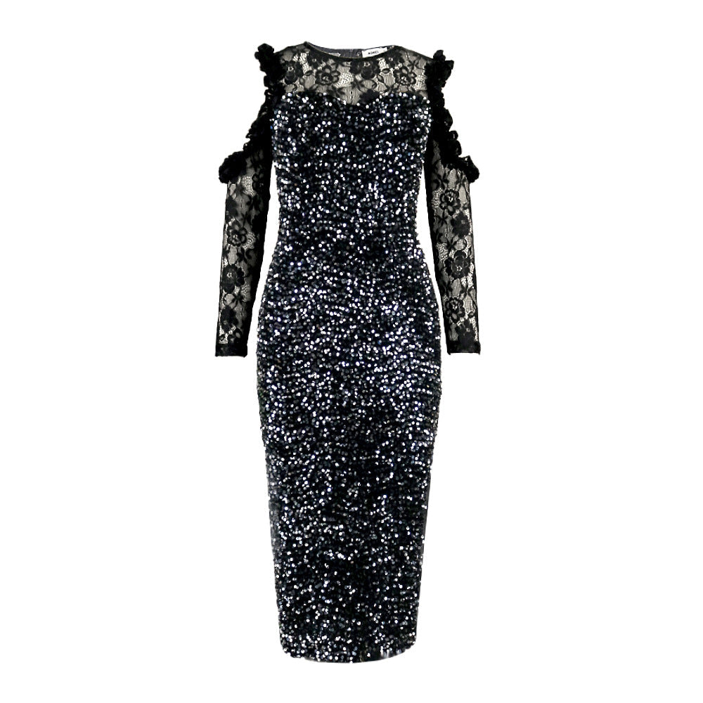 Damen Glitzer-Abendkleid, schwarz, mit langen Ärmeln & eleganten Details. Festliches Langarmkleid für Frauenmode.