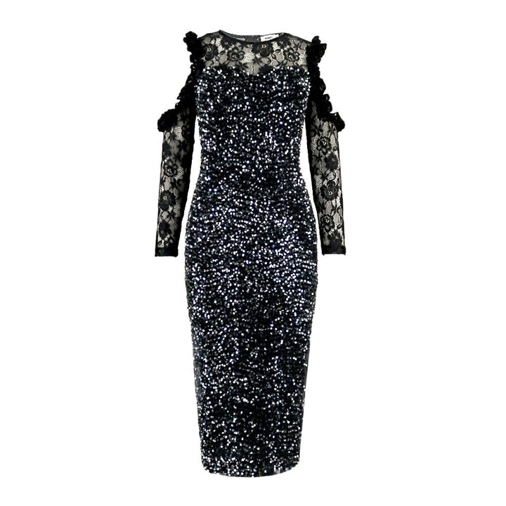 Damen Glitzer-Abendkleid, schwarz, mit langen Ärmeln & eleganten Details. Festliches Langarmkleid für Frauenmode.