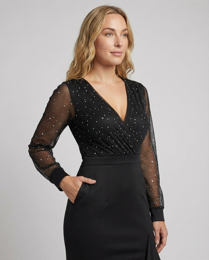 Elegantes schwarzes Pailletten-Maxikleid für Damen mit V-Ausschnitt & Langarm, figurbetont für Party & Ball.