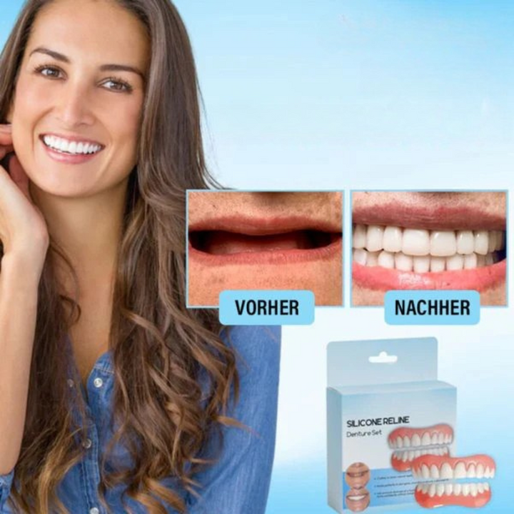 Perfektes Lächeln mit Silikon-Zahnblenden; flexibler, bequemer kosmetischer Zahnersatz für den Alltag.