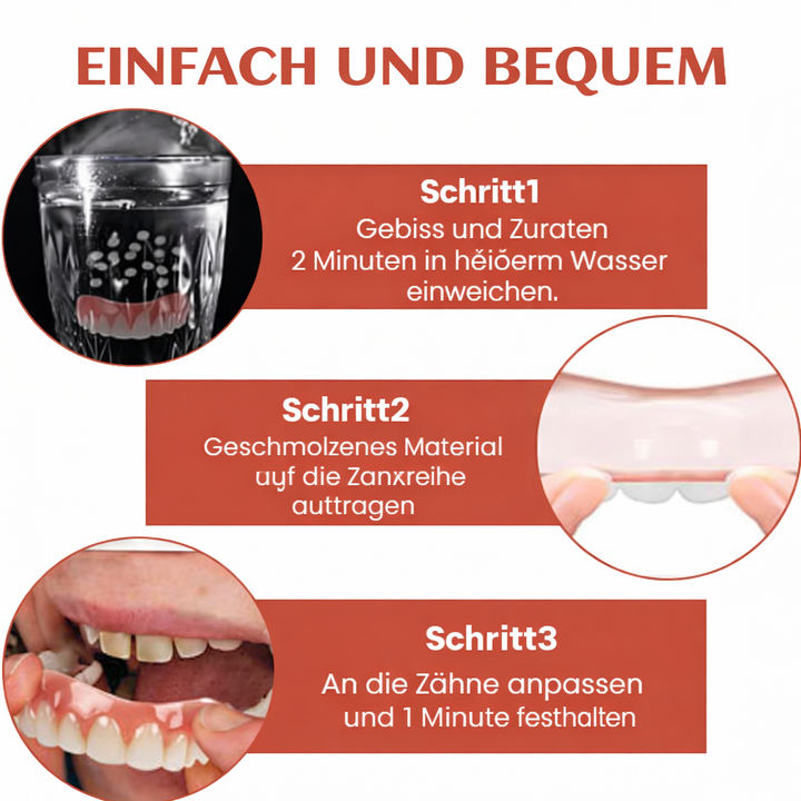Hygienisches, anpassbares Silikonpolster für Zahnersatz. Bietet optimalen Sitz & bequemen Komfort der Prothese.