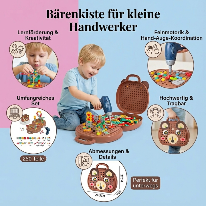 Motorikspielzeug Bärenkiste in Aktion: Kind entwickelt Feinmotorik und Kreativität durch aktives Bauen.