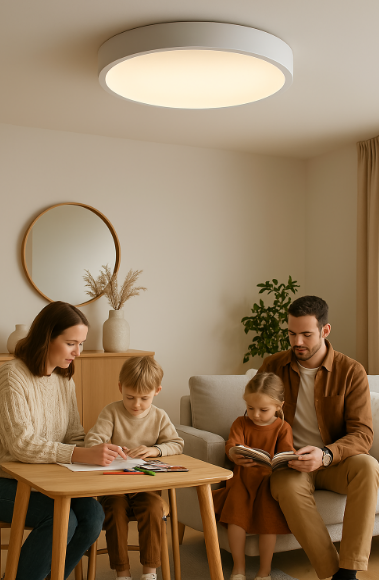 Minimalistische LED Deckenleuchte im skandinavischen Design. Rund, hell und energiesparend für moderne Innenräume.