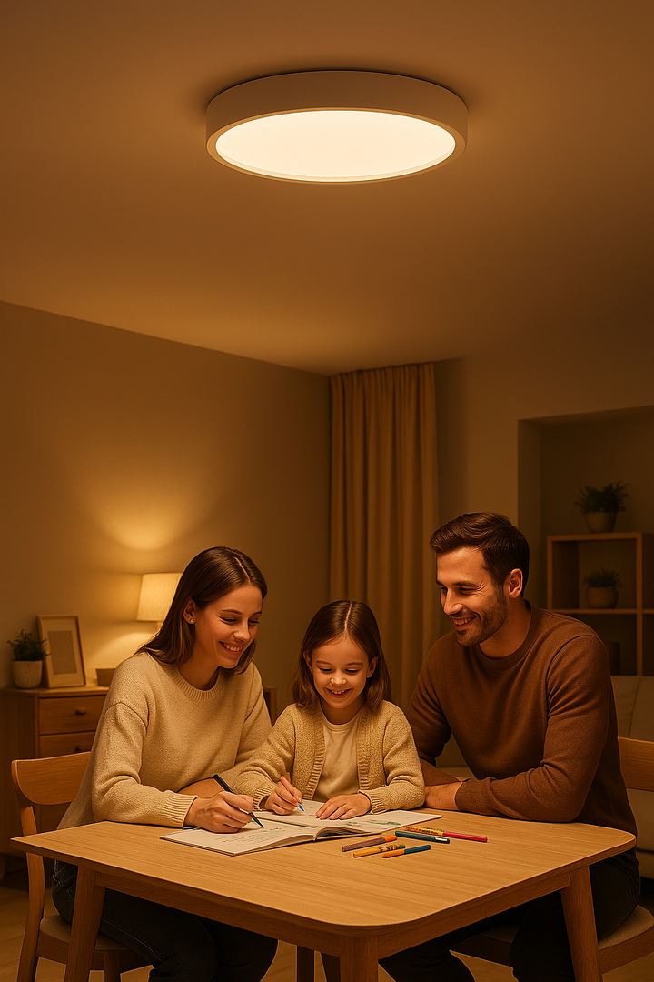 Runde LED Deckenlampe im skandinavischen Stil. Modern, energieeffizient, ideal als Wohnzimmerbeleuchtung.