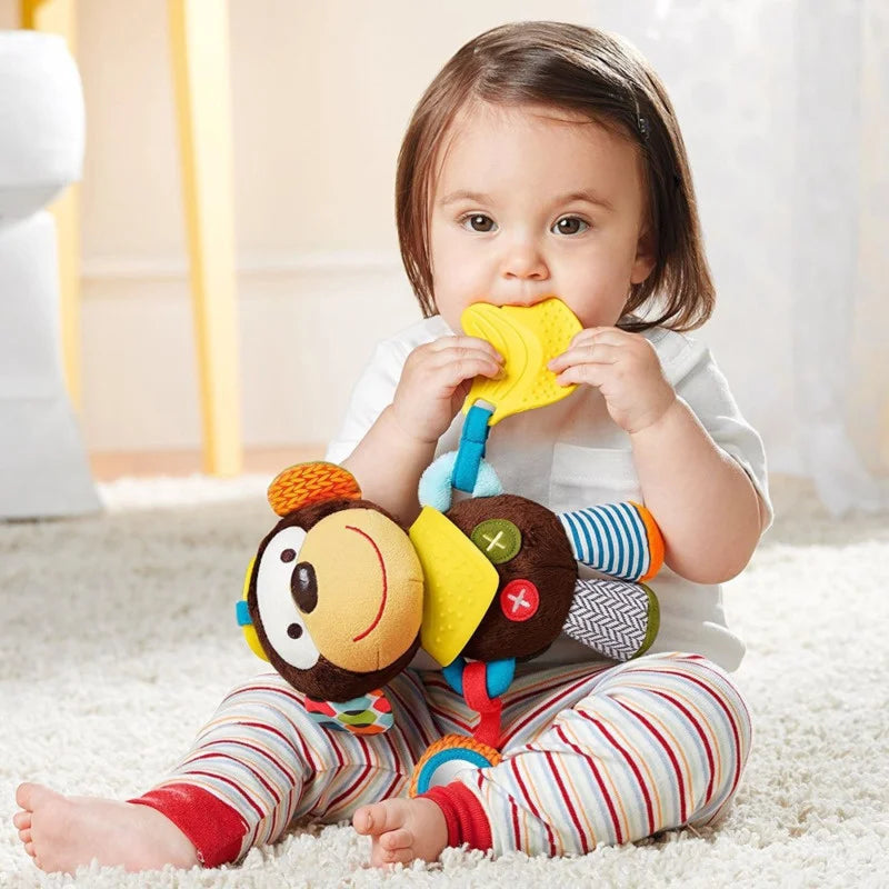 Tierisches Plüschtier für Babys mit Beißring & Rassel; sensorisches Weichspielzeug zur Zahnungshilfe & Entwicklung.