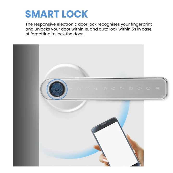 Robuster Smart Türgriff aus Zinklegierung/Edelstahl, Fingerabdruckschloss für langanhaltende Sicherheit.