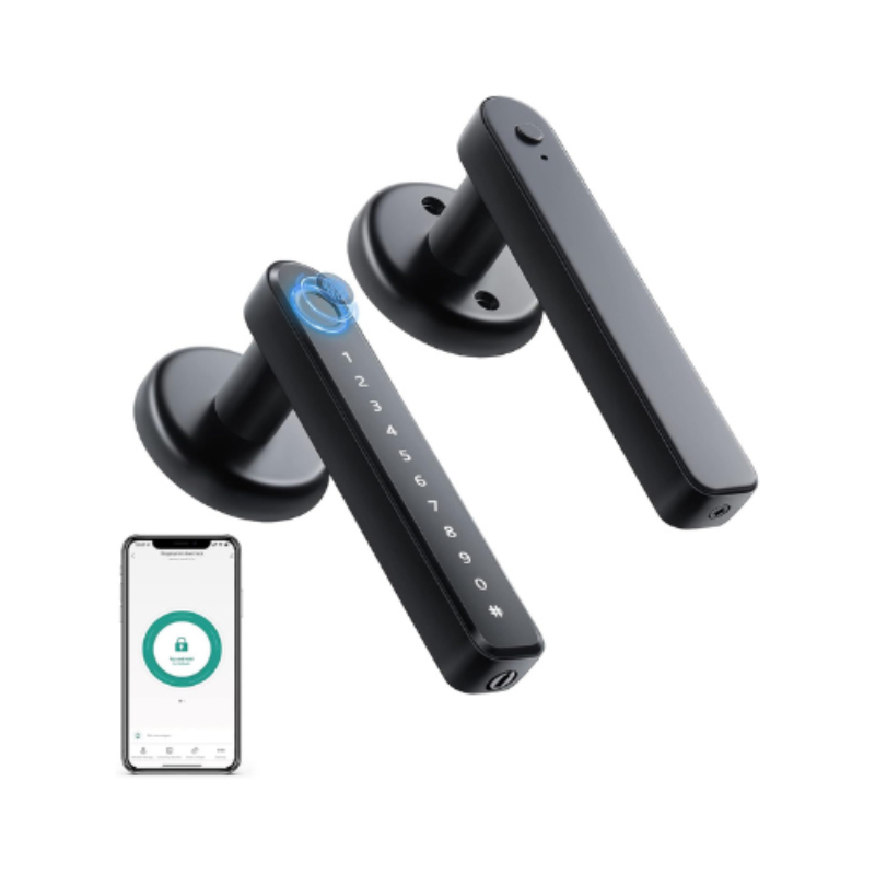 Smart Fingerabdruck-Türgriff aus hochwertiger Zinklegierung und Edelstahl in Schwarz/Silber.