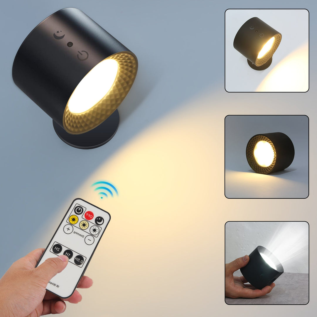 Smarte 360° LED-Wandleuchte, akkubetrieben und dimmbar, ideal als moderne, flexible Leselampe.