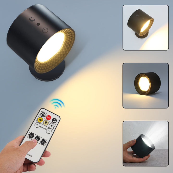 Smarte 360° LED-Wandleuchte, akkubetrieben und dimmbar, ideal als moderne, flexible Leselampe.
