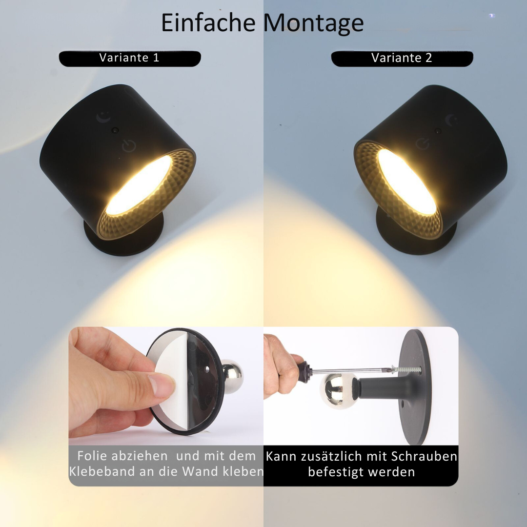 Moderne LED-Wandleuchte 360° für Smart Home. Dimmbares Ambiente-Licht, kabellos, mit Fernbedienung.