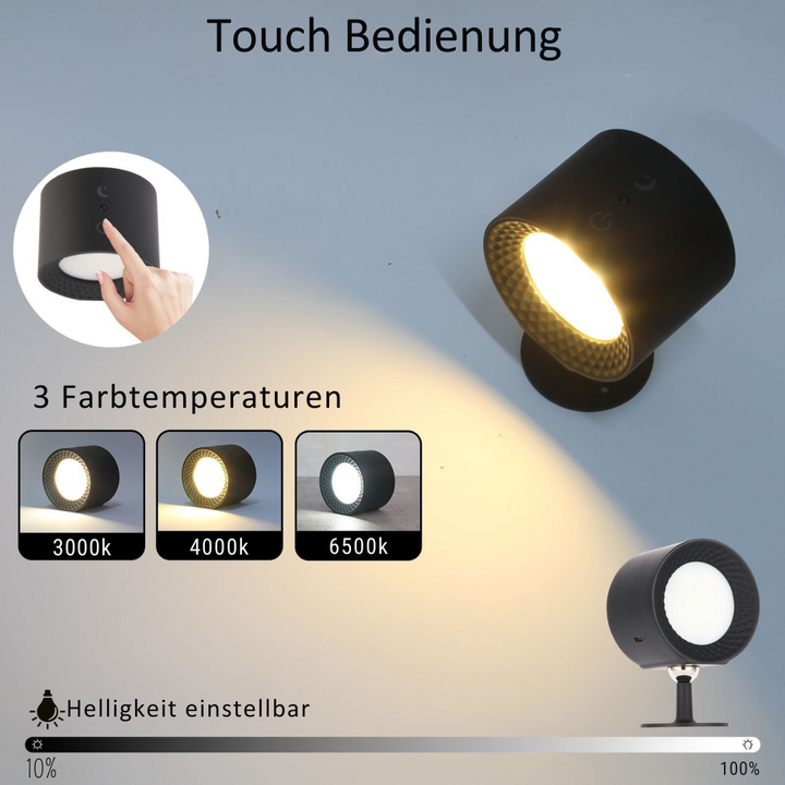 Vielseitige 360° LED-Wandleuchte, USB-aufladbar. Perfekt als Deko- oder Leselampe mit Magnetfunktion.