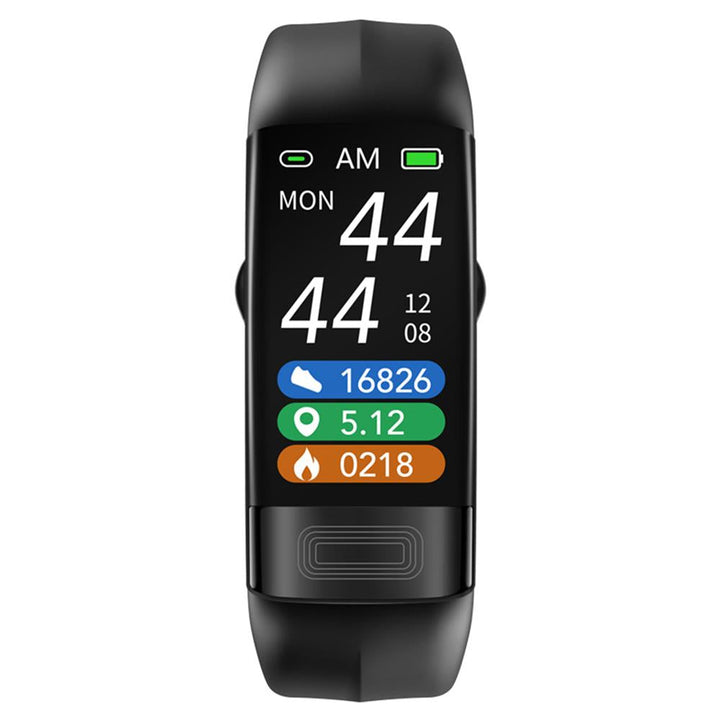 Wasserdichtes Fitness-Tracker Armband aus schwarzem Silikon, misst Herzfrequenz, Schlaf & Schritte.