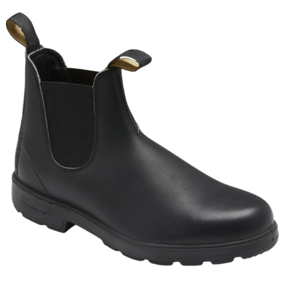 Paar schwarze Unisex Chelsea Stiefel winterfest. Komfortable, elegante & wasserdichte Herbst-Winterschuhe.