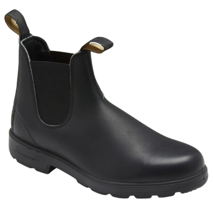 Paar schwarze Unisex Chelsea Stiefel winterfest. Komfortable, elegante & wasserdichte Herbst-Winterschuhe.