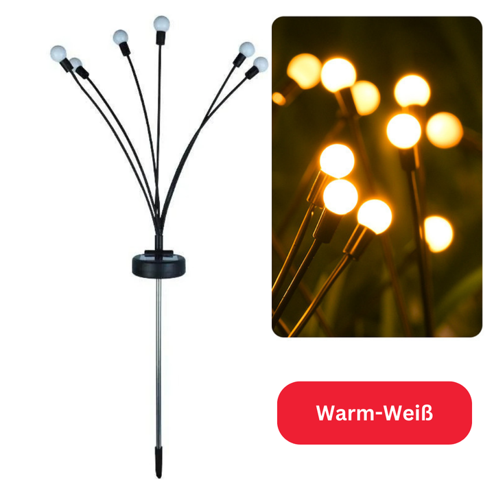 Nahaufnahme: Detail der Solar-Glühwürmchen-Lichter im Garten. Warme LED-Deko-Lichter für besondere Außenbeleuchtung.