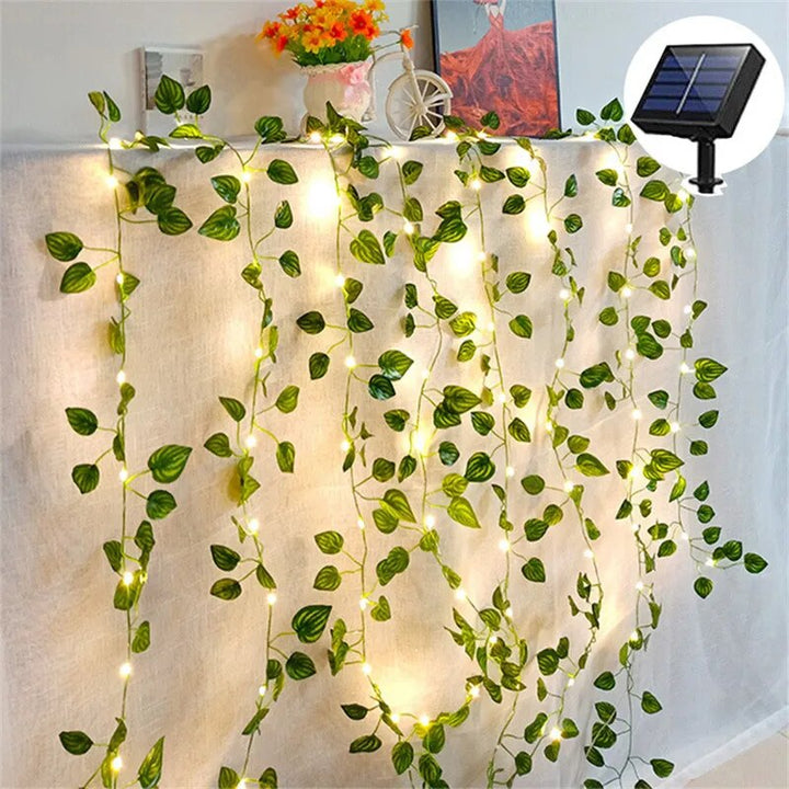Solar LED Efeu Lichterkette mit sichtbarem Solarpanel. Lädt sich tagsüber auf für abendliche Beleuchtung.