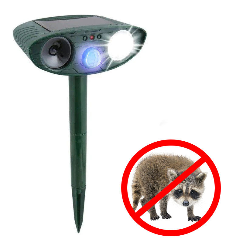 Solar Ultraschall-Tierabwehr für den Garten, vertreibt Waschbären und Wildtiere effektiv mit Bewegungsmelder.