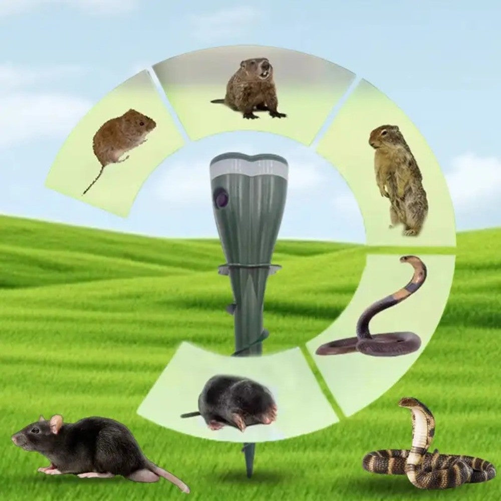Umweltfreundlicher Solar Tiervertreiber mit Ultraschall. Gartenschutz ohne Chemikalien für Maulwürfe und Wühlmäuse.