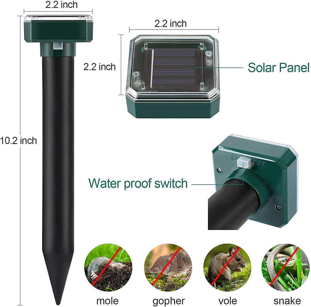Solarer Ultraschall Tiervertreiber im Gartenboden installiert. Nachhaltige Schädlingsbekämpfung für Pflanzenschutz.