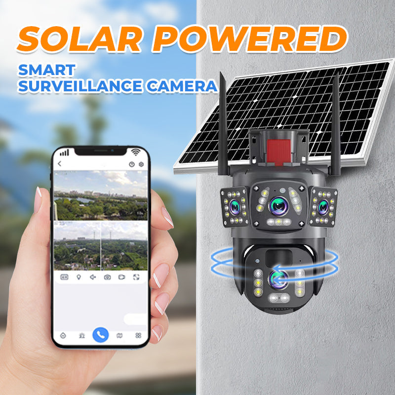 Kabellose Solar PTZ Kamera 9MP für Außenbereich, wetterfest mit Bewegungserkennung & 2-Wege-Audio.
