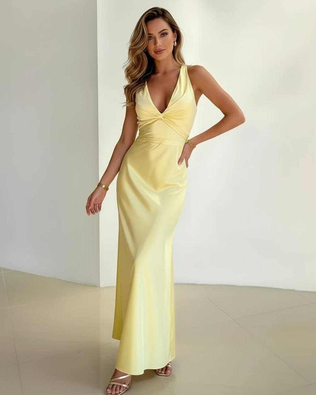 Strahlend gelbes Damen A-Linien Maxikleid, elegant und ärmellos, mit V-Ausschnitt. Wunderschönes Sommer-Abendkleid.
