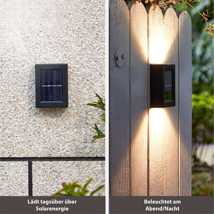 Moderne Solarleuchte für die Fassade, wetterfest, kabellos, mit hellen LEDs.
