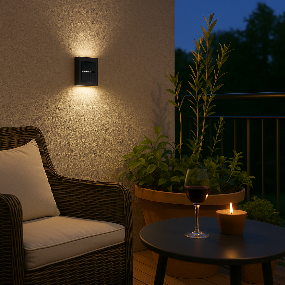 SolarGlow Wandlampe mit Solarenergie, kabellos, Bewegungsmelder, sicheres Gartenlicht.