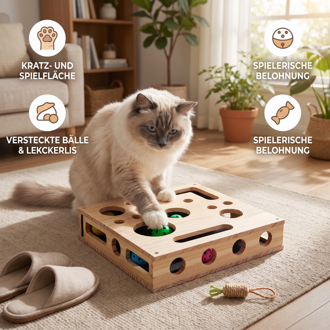 Robuste Katzen Puzzle-Box aus Holz mit mehreren Fächern für Leckerlis, Wellpappe-Kratzer und interaktivem Spiel.