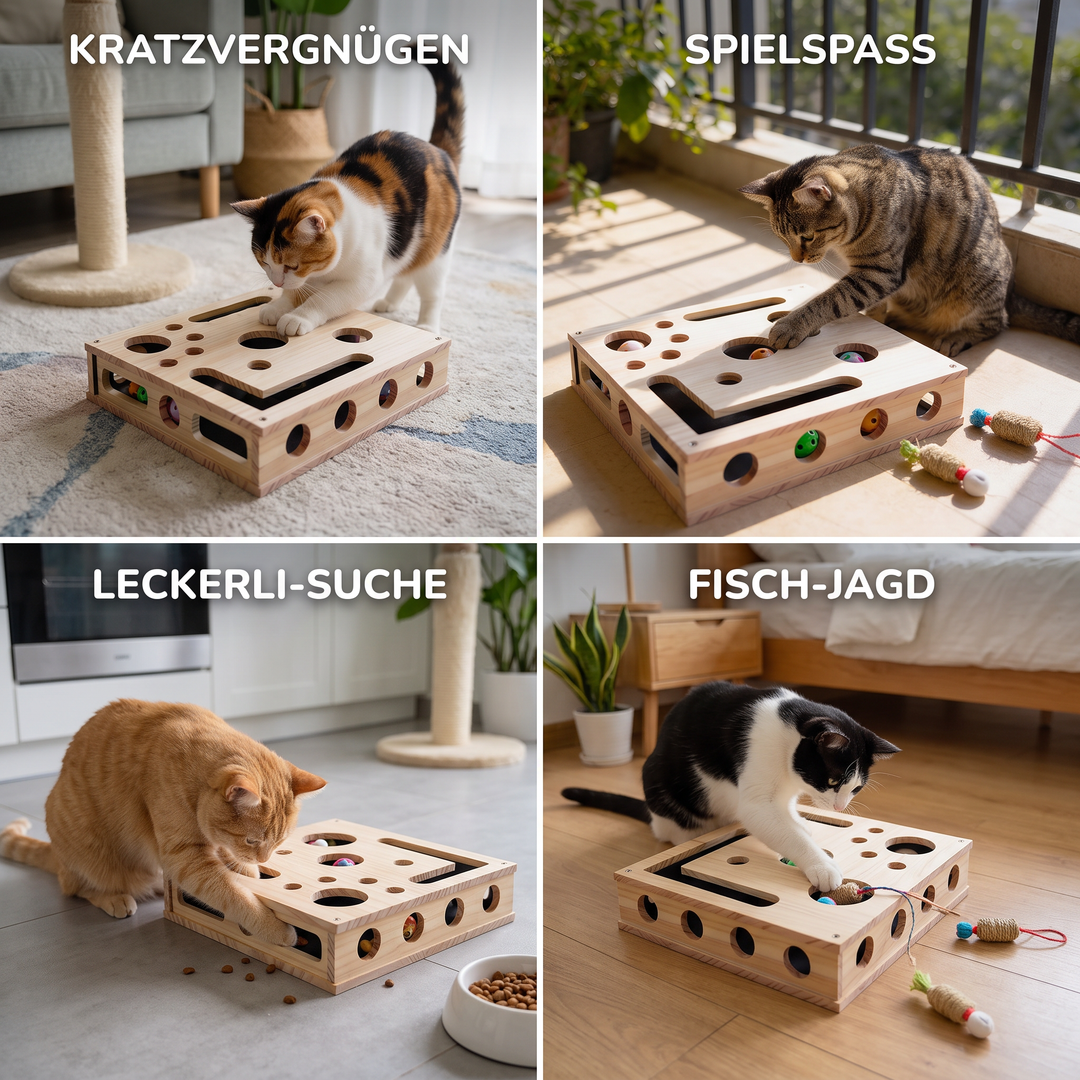Katzen-Beschäftigungsspielzeug: Holz-Puzzle-Box mit austauschbarem Kratzbrett und Verstecken für Leckerlis.