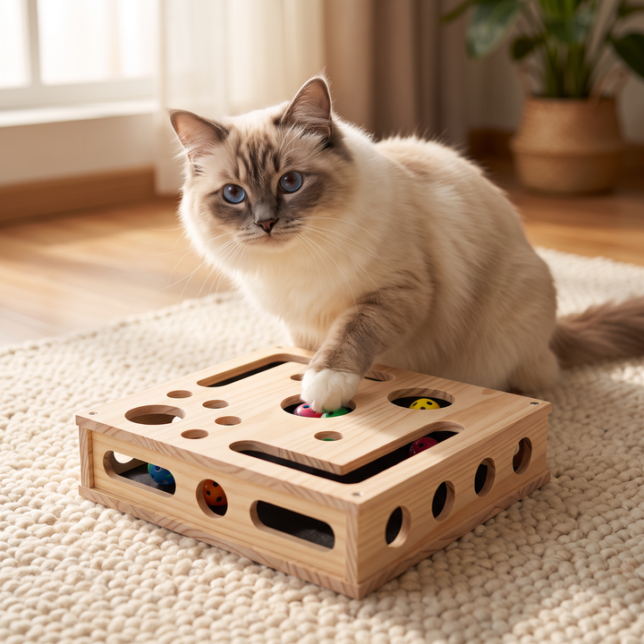 Interaktive Katzen Puzzle-Box aus Holz mit Kratzbrett und Leckerli-Verstecken für geistige Beschäftigung.