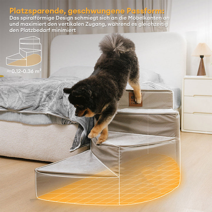 Platzsparende Spiraltreppe Kunstleder, pflegeleicht, ideal für kleine Hunde.