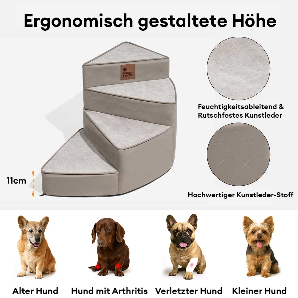 Gelenkschonende Hundetreppe spiralförmig aus Kunstleder, für ältere Tiere.