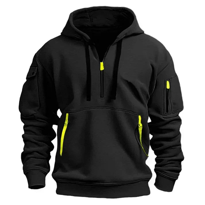 Moderner Herren Kapuzenpullover mit Halbreißverschluss, ein warmer Hoodie für Freizeit & Sport.