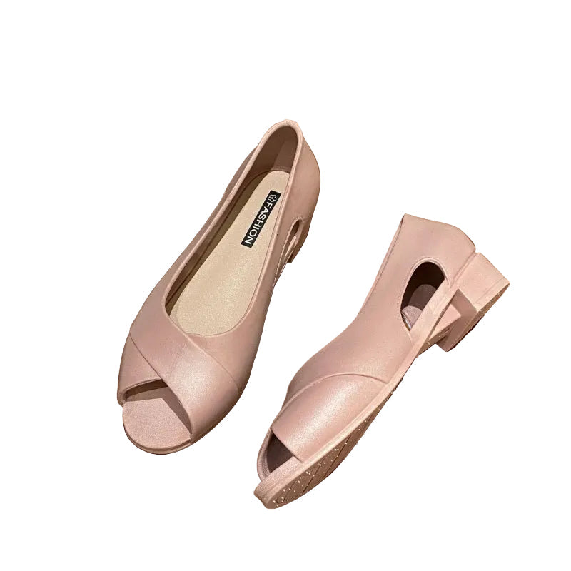 Aprikose Damen Chunky-Heel Schuhe mit Cutout & Fischmaul. Stabile, bequeme Sommerabsätze für Freizeit.