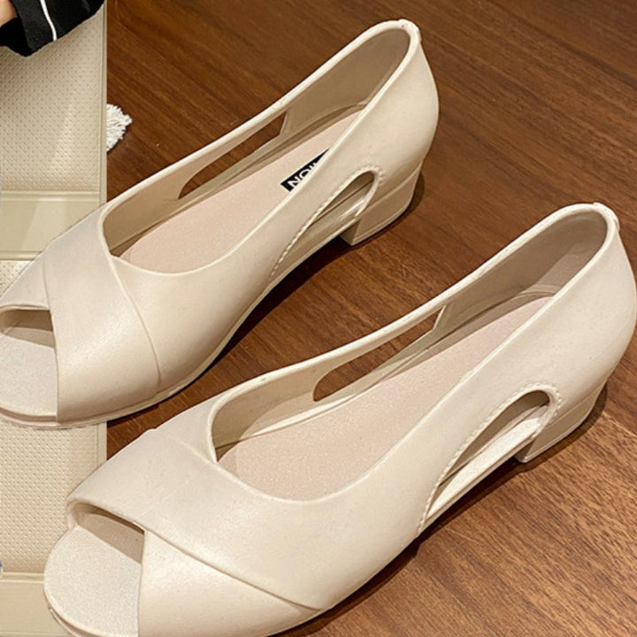 Elegante orange Sommer Chunky-Heels für Damen. Modische Schuhe mit Cutout & Fischmaul. Komfortabel & stabil.