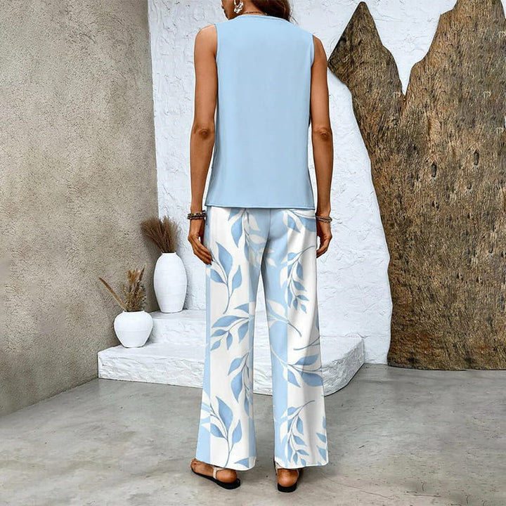Ärmelloses Damen Top & lockere Weitbein-Hose im Blätterprint. Perfekt für Sommer, Strand & Freizeit.